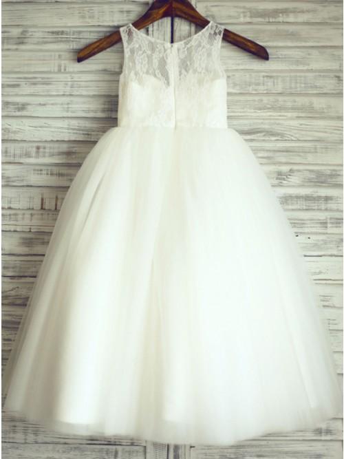 A-Line Round Neck White Tulle Flower Girl Dress with Lace PDP25