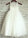 A-Line Round Neck White Tulle Flower Girl Dress with Lace PDP25