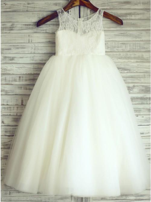 A-Line Round Neck White Tulle Flower Girl Dress with Lace PDP25