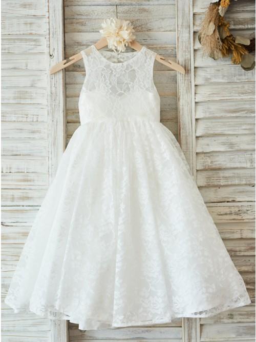 A-Line Jewel Open Back White Lace Flower Girl Dress PDP28