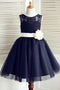 A-Line Round Neck Knee-Length Navy Blue Flower Girl Dress with Bowknot Flower PDP20