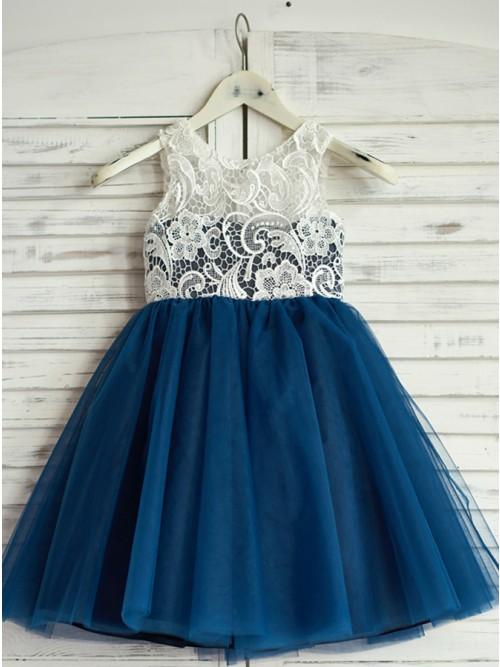 A-Line Round Neck Navy Blue Tulle Flower Girl Dress with Lace PDP18