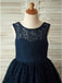 A-Line Round Neck Backless Navy Blue Lace Flower Girl Dress with Bowknot PDP17