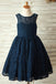 A-Line Round Neck Backless Navy Blue Lace Flower Girl Dress with Bowknot PDP17