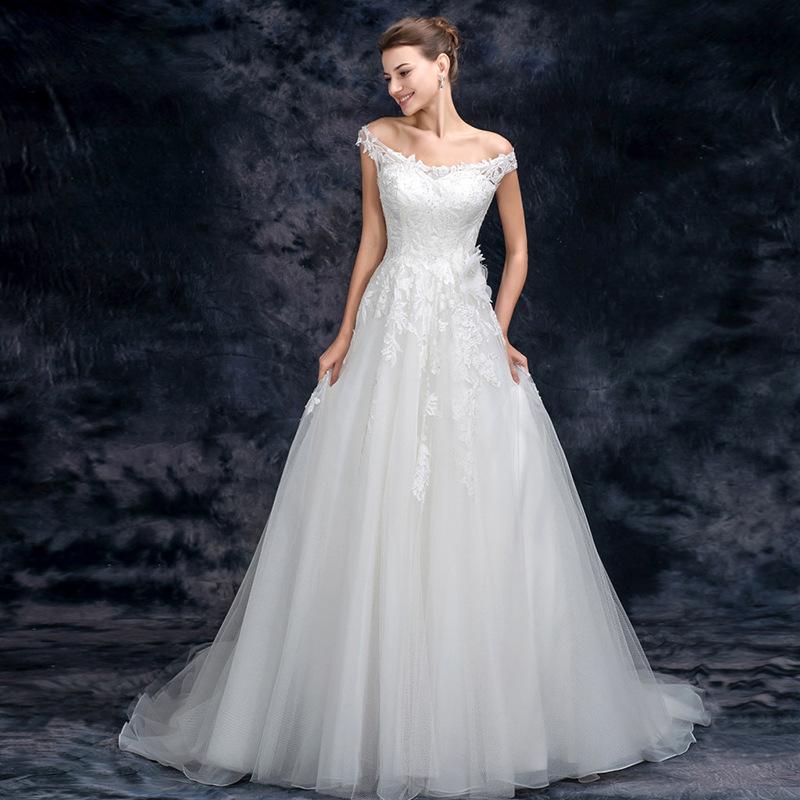 A Line Off the Shoulder Appliques Tulle Long Wedding Dress, Bridal Dresses PDQ26
