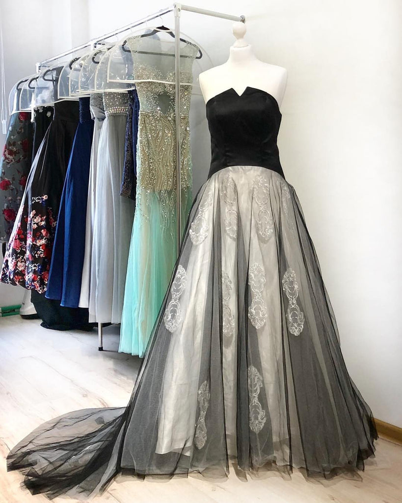 A Line Black Strapless Appliques Long Cheap Prom Dresses PDI48