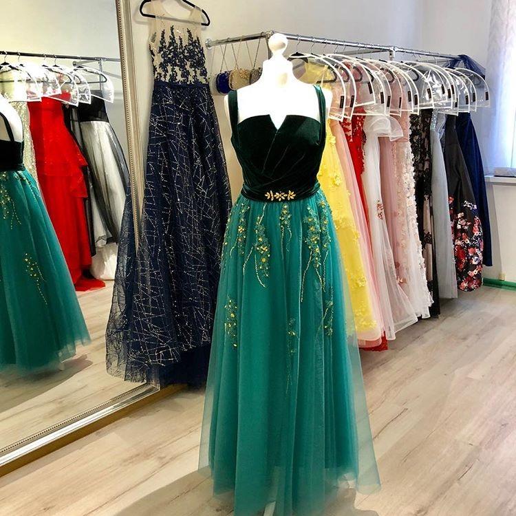 A Line Green and Black Tulle Prom Dresses, Charming Appliques Formal Dress PDI13