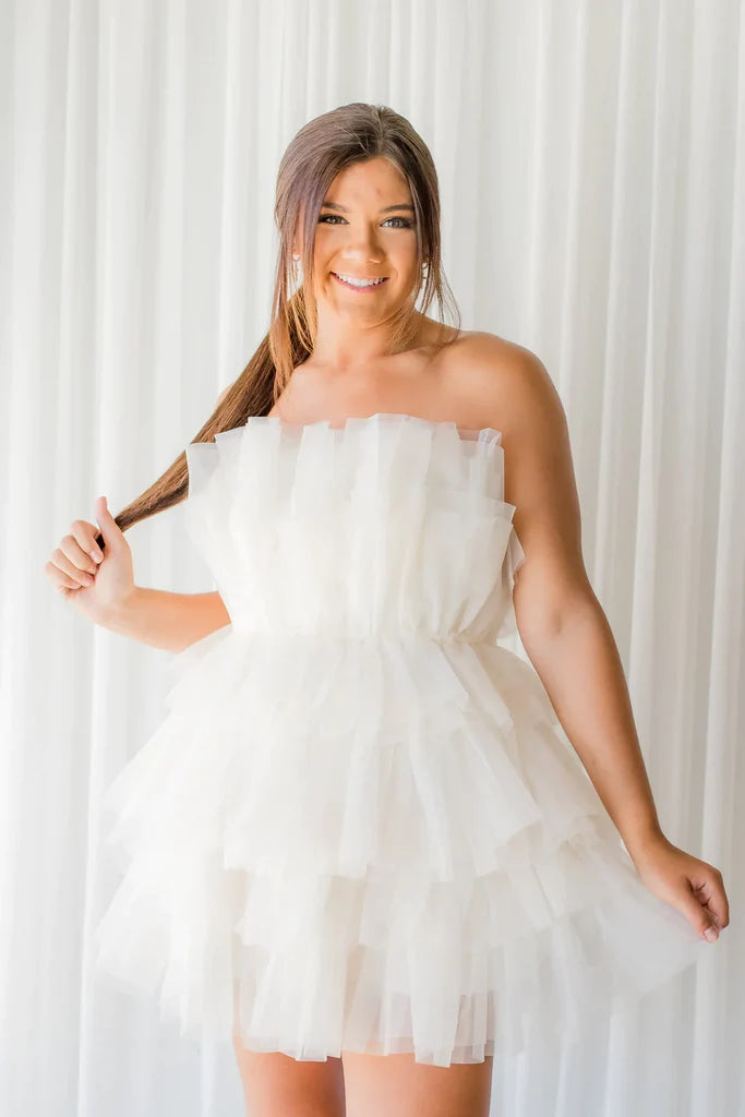 Cute A Line Blue Tulle Tiered Strapless Short Prom Dresses, Homecoming Dress OMH0218