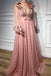 3D Flowers Long Sleeve Pink Prom Dresses Pearl Beaded V Neck Formal Dress PDI42