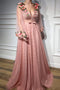 3D Flowers Long Sleeve Pink Prom Dresses Pearl Beaded V Neck Formal Dress PDI42