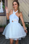 A Line Halter Short White Homecoming Dress with Key Hole PDO27