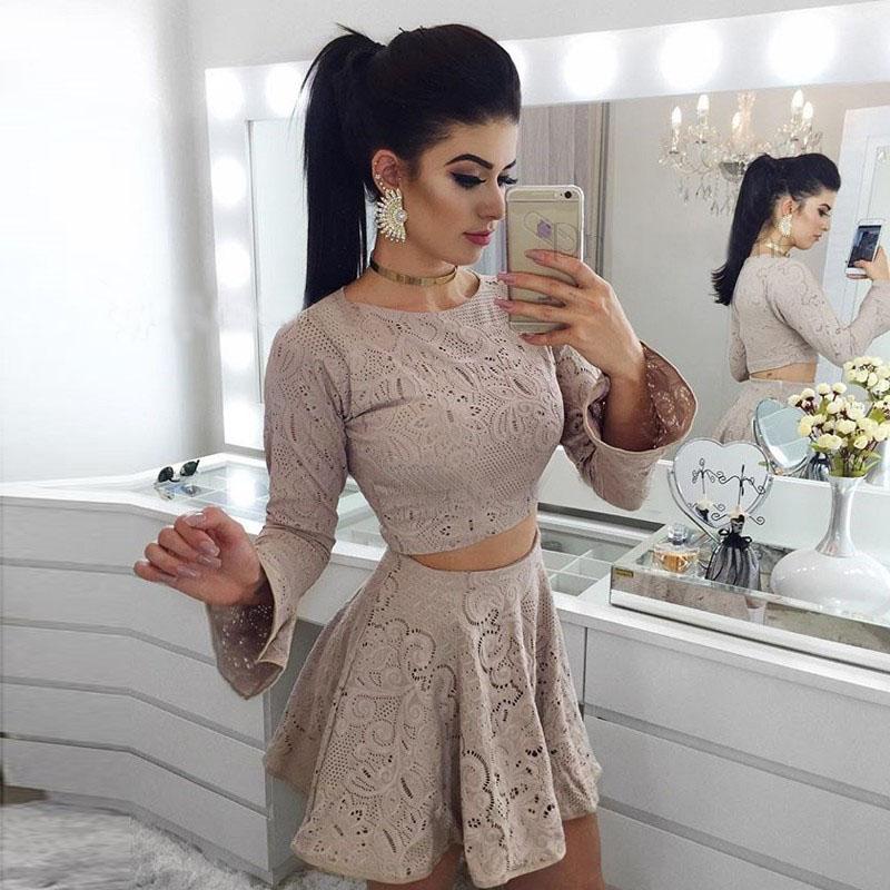 Two Piece A-Line Long Sleeves Lace Short Homecoming Dress PPD14