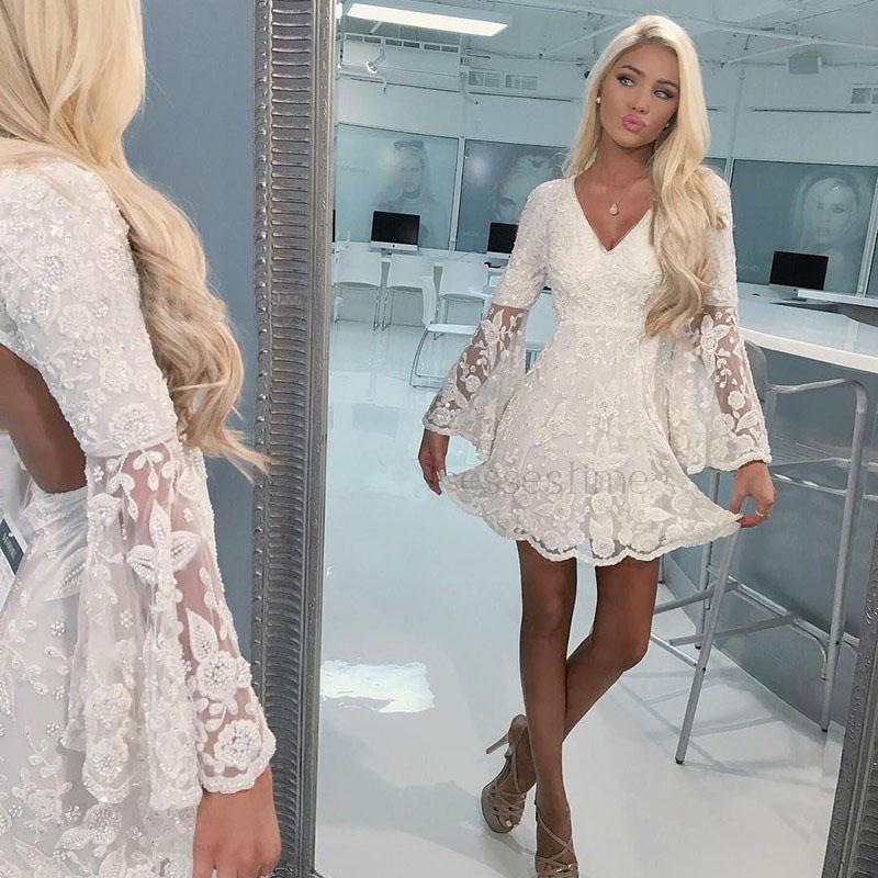 A-Line V-neck Open Back Bell Sleeves Short White Lace Homecoming Dress PPD8