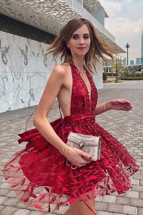 Plunging Neck Red Mini Party Dress with Ribbon,Short Homecoming Dresses PDN34
