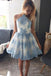 Halter A Line Lace Appliques Short Sky Blue Homecoming Dress PDO26