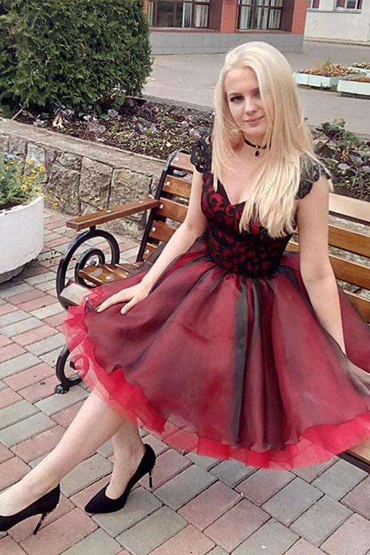 Cap Sleeves Black Lace Appliques Red Homecoming Dress PDO31
