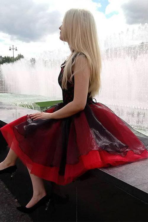 Cap Sleeves Black Lace Appliques Red Homecoming Dress PDO31