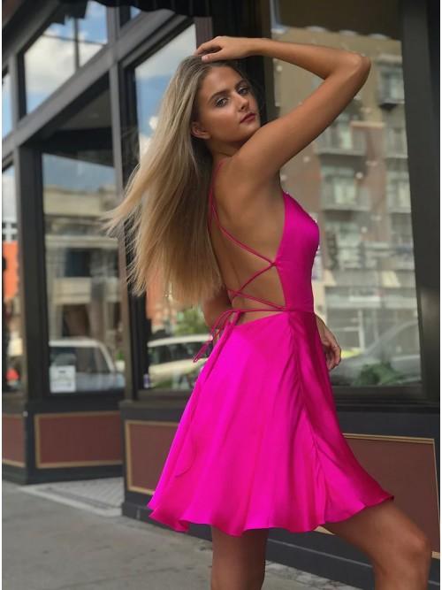 Fancy Spaghetti Straps Fuchsia Above Knee Split Homecoming Dress PDO34