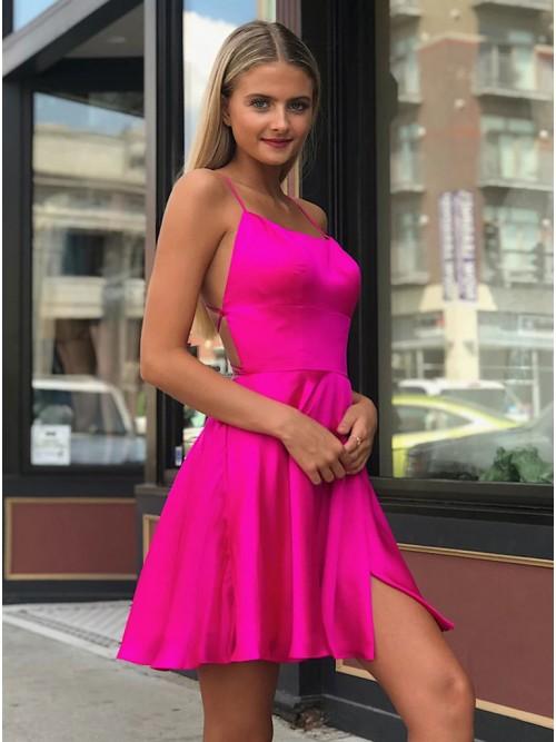 Fancy Spaghetti Straps Fuchsia Above Knee Split Homecoming Dress PDO34