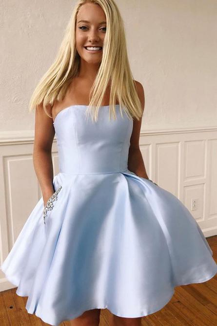 Elegant Strapless Pink Satin Homecoming Dress with Beading Pockets PDO40