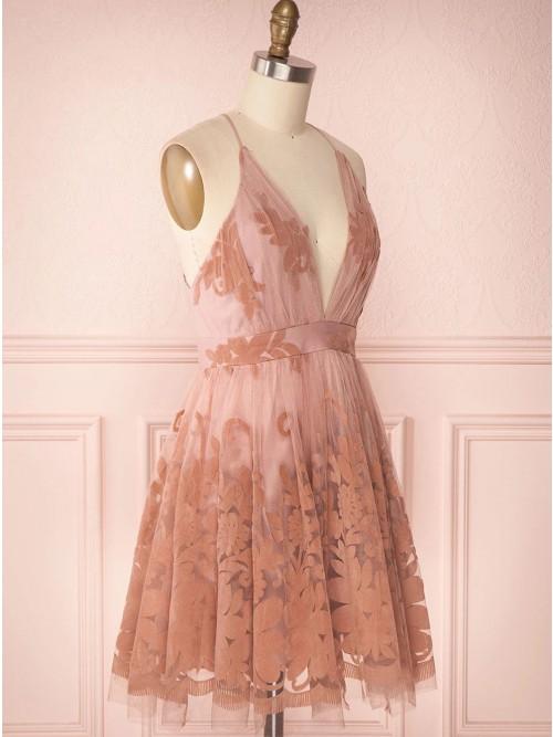 Spaghetti Straps Short Pink Homecoming Dress Criss Cross Back PDO75