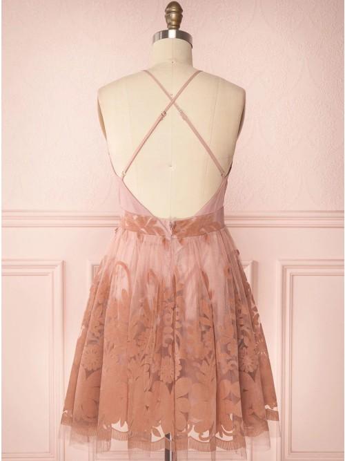Spaghetti Straps Short Pink Homecoming Dress Criss Cross Back PDO75