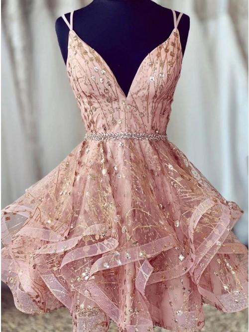 Chic Deep V-neck Pink Tiered Homecoming Dress with Beading Appliques PDO38