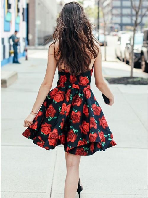 A-Line Cross V-Neck Above Knee Floral Satin Homecoming Dresses PDO44