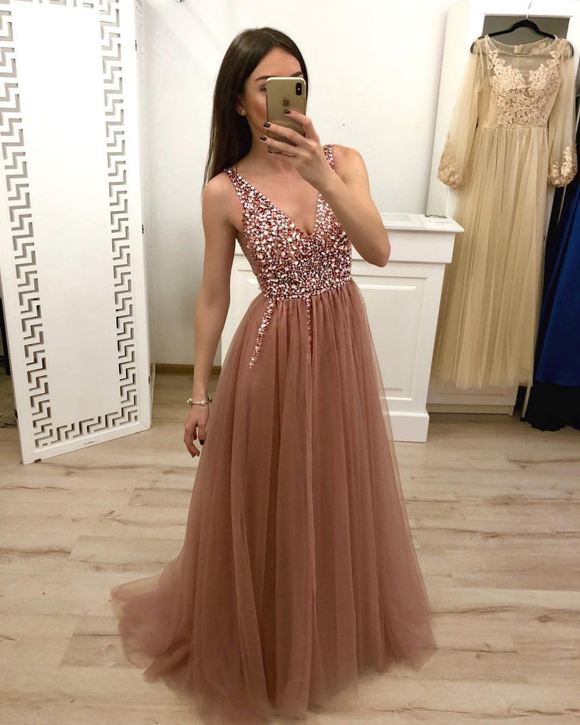 A Line V Neck Tulle Long Beaded Prom Dress, Cheap Evening Gown PDH57