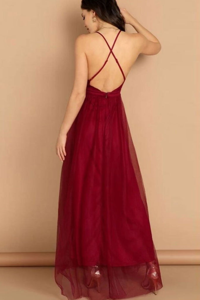 Sexy A Line V Neck Spaghetti Straps Long Chiffon Burgundy Prom Dresses, Formal Dress PD197