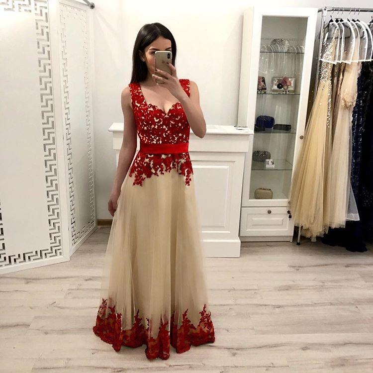 A Line Tulle Long Prom Dress With Red Appliques,Junior Party Prom Dresses PDI15