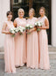 Cheap Crew Sleeveless Chiffon Round Neck Pearl Pink Long Bridesmaid Dresses BD12