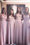 Simple A-line Pink V Neck Chiffon Lace Long Bridesmaid Dresses with Beading BD03