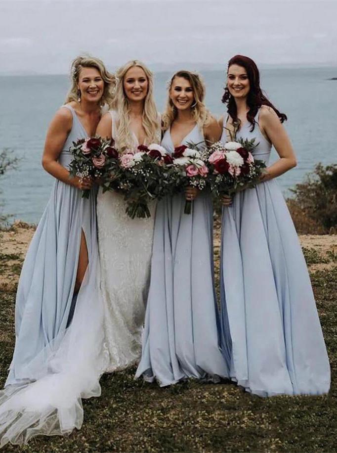 V-neck dusty blue bridesmaid dresses long backless split bridesmaid dress gb392
