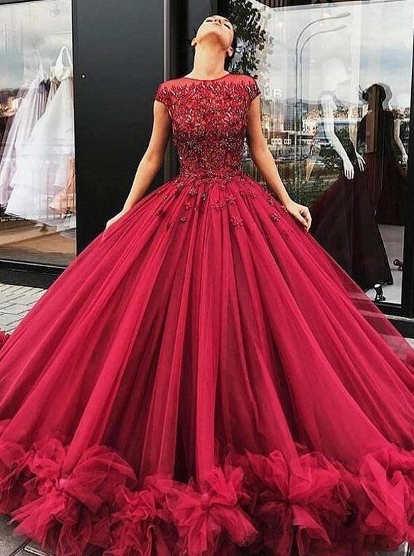 Ball Gown Burgundy Tulle Prom Dresses Scoop Beaded Long Formal Evening trendtydresses Ball Gown Burgundy Tulle Prom Dresses Scoop Beaded Long Formal Evening trendtydresses