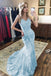 Elegant Spaghetti Straps V Neck Mermaid Lace Prom Dresses, Sky Blue Formal Dresses PD143