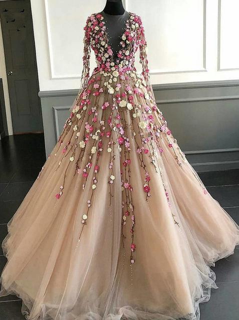 Illusion Long Sleeves 3D Flowers Tulle Prom Dresses Long Formal Dress trendtydresses Illusion Long Sleeves 3D Flowers Tulle Prom Dresses Long Formal Dress trendtydresses