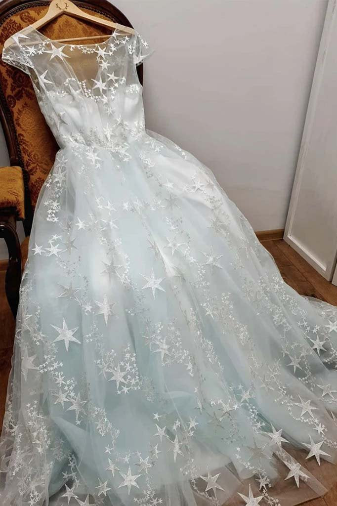 A-line stardust cap sleeves long prom dresses tulle evening dress mg160
