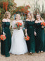 Simple A-line Scoop Off the Shoulder Green Long Sleeves Chiffon Long Bridesmaid Dresses BD06