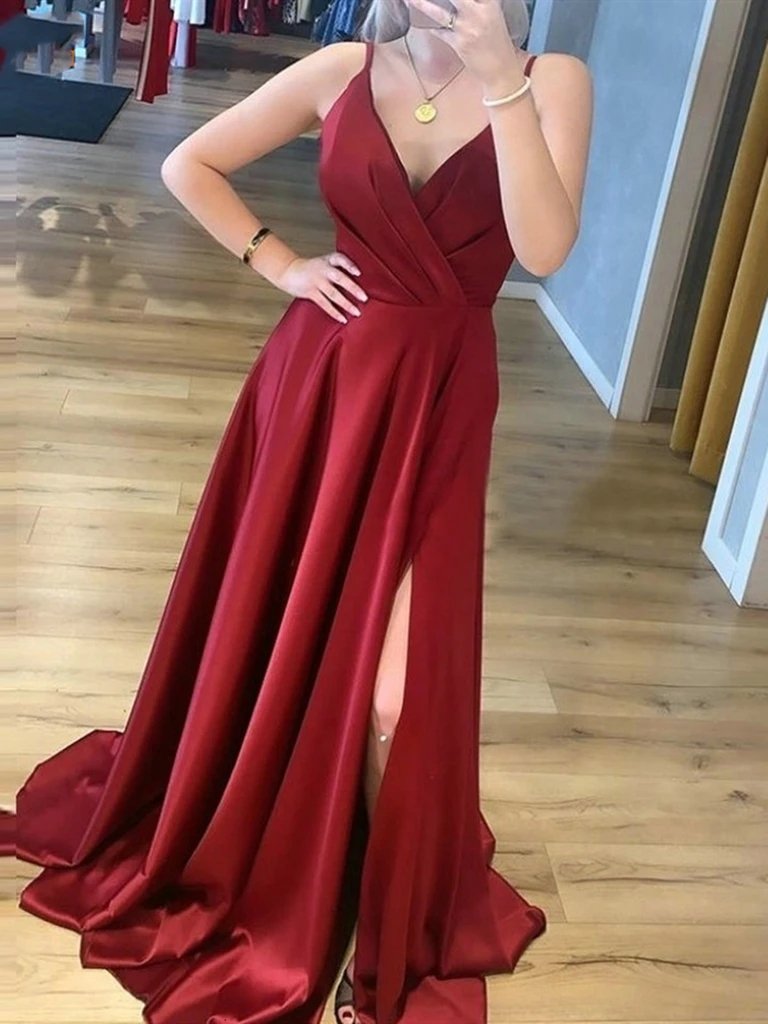 Simple A Line V Neck Burgundy Spaghetti Straps Prom Dress, Satin Formal Evening Dress TD07