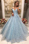 Light Blue V-neck Applique Tulle Long Prom Dress, Off the Shoulder Evening Dresses TD91