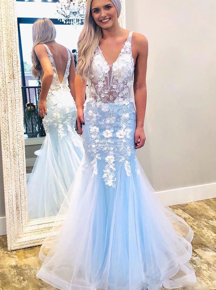 Sky blue mermaid v neck prom dresses with lace appliques mg185