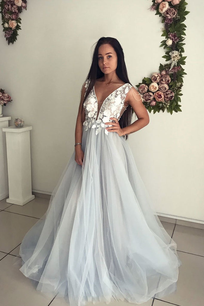 A Line V Neck Tulle Long Appliques Prom Dress, Evening Gown PDP80
