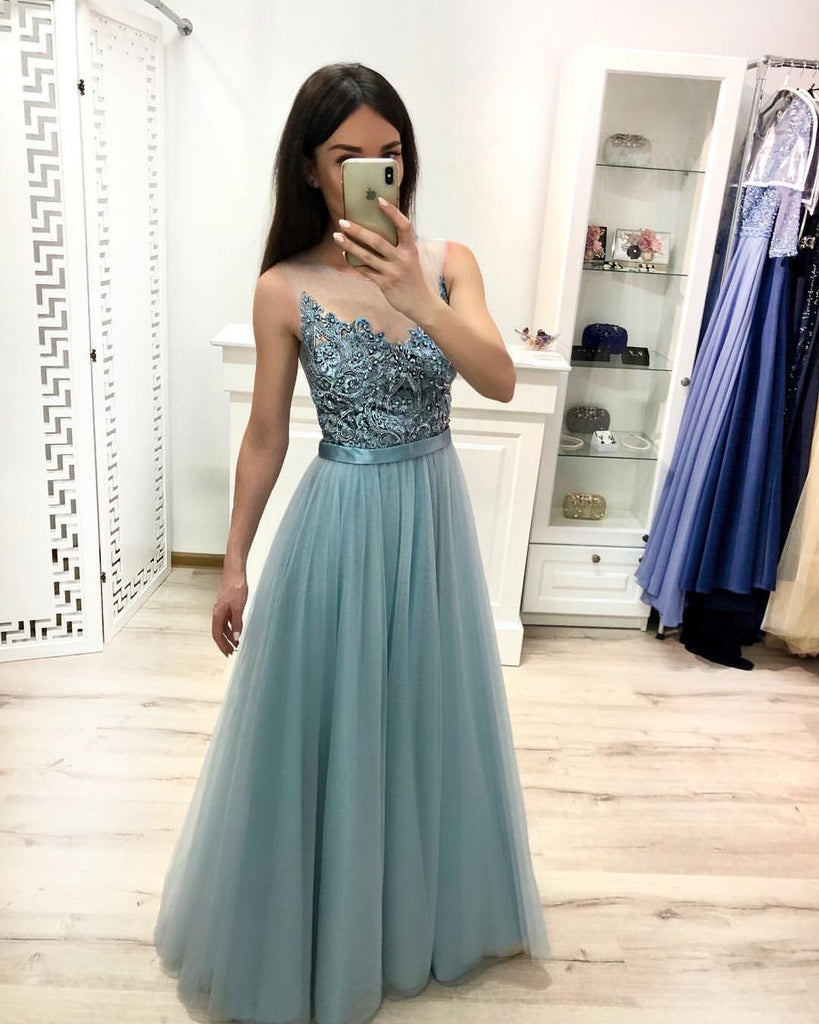 A Line Tulle Floor Length Prom Dresses Beaded Long Evening Dress PDJ22