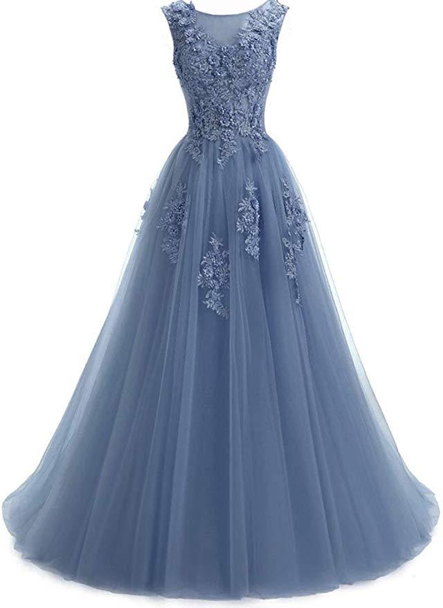 A Line Round Neck Lace Appliques Floor Length Prom Dresses PDR11