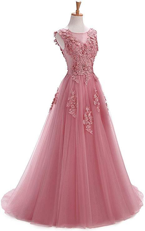 A Line Round Neck Lace Appliques Floor Length Prom Dresses PDR11