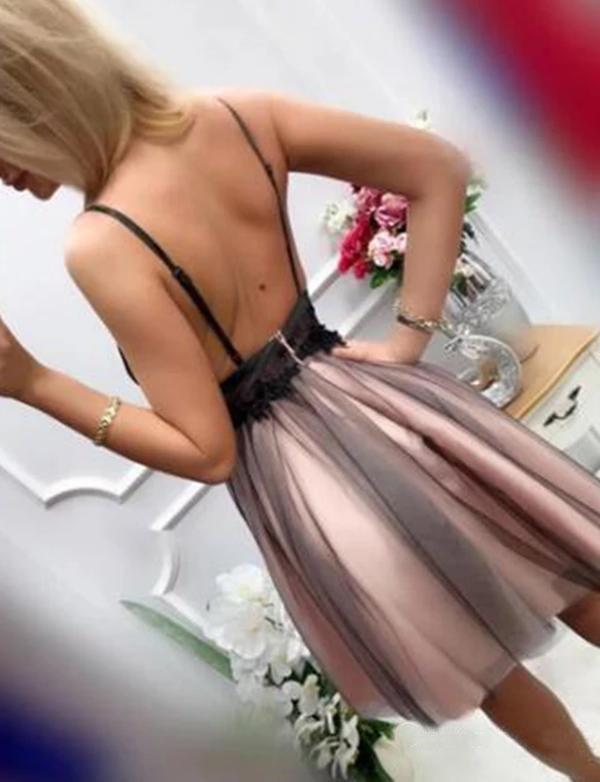 Stylish A Line V Neck Gray Short Homecoming Dresses With Appliques PDO43