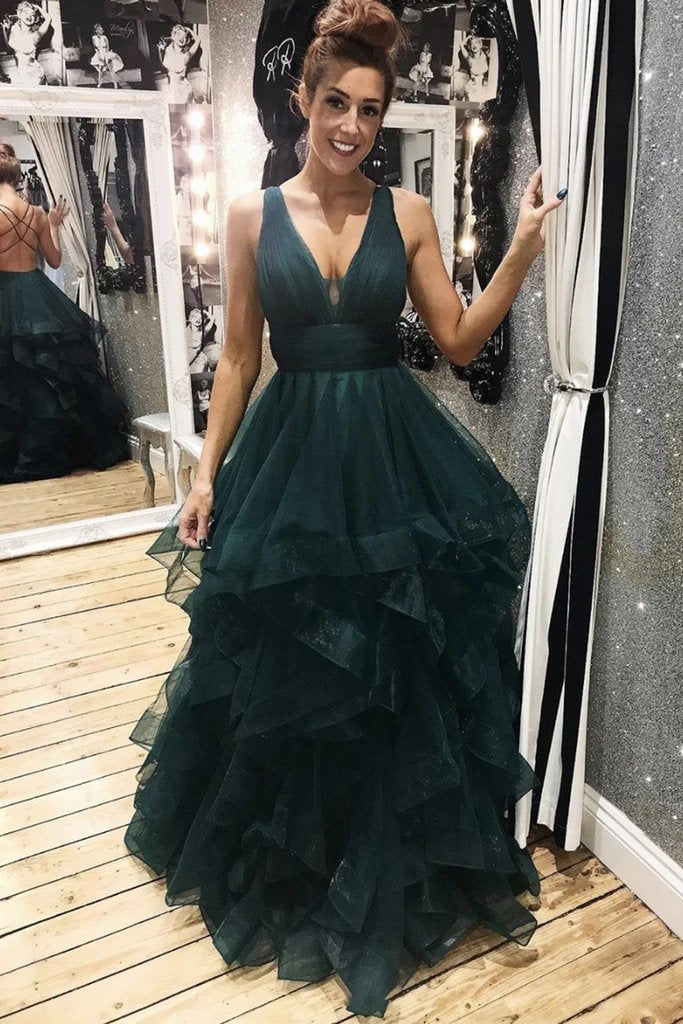 Dark green tulle backless prom dresses, long evening dress mg178