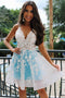 A Line V Neck Floral Appliques Homecoming Dress, Short Prom Dresses PDQ9