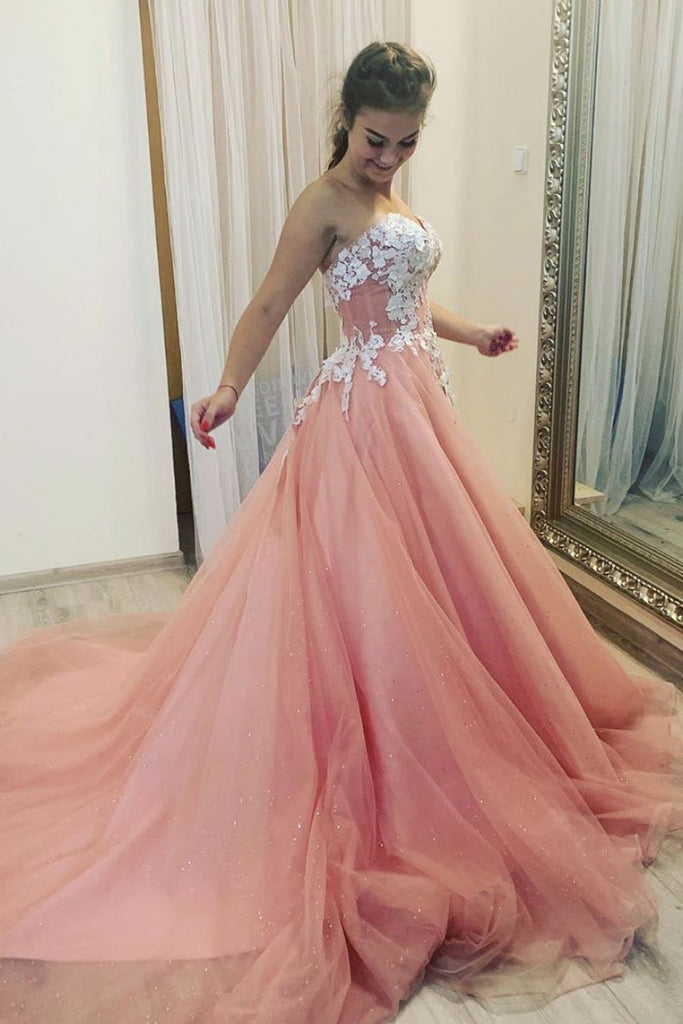 A Line Sweetheart Tulle Appliques Prom Dresses, Long Formal Dress PDQ4
